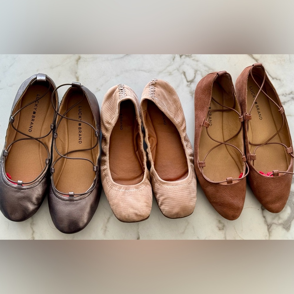 3/30 Lucky Brand Shoe Bundle!!! 3 pairs of flats - tan, brown, silver for $30